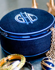 6-inch diameter jewelry case, linen or cotton, monogramed