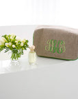 Beth Case, in linen or plastic-coated cotton, custom monogram, 10W by 6D by 4T