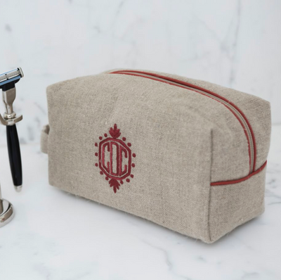 Ellis Hill dopp Kit, in linen or plastic-coated cotton, with monogram, 11 in. by 9.5 in.