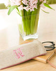 Ellis Hill Eyeglass case, in linen or plastic-coated cotton, with monogram, 6.75 in. long by 3 in. wide