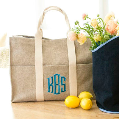 Ellis Hill Fauborg Tote, in linen or plastic-coated cotton, with monogram, 18.5 in by 13.5 in