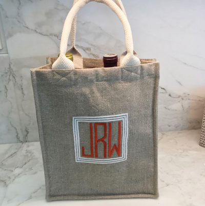 Ellis Hill 2-bottle wine bag with handle, in linen or plastic-coated cotton, with monogram, 9.5W by 4D by 11T