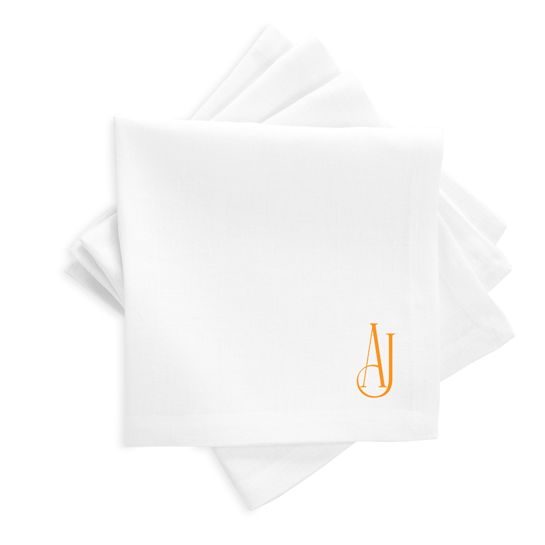 White Linen Dinner Napkins, AJ Monogram