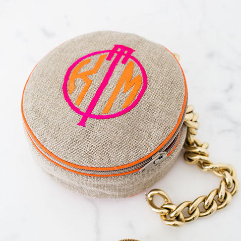 Ellis Hill 4-inch diameter jewelry case, linen or cotton, with monogram