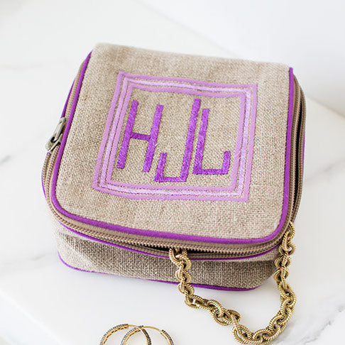 5.5 inch square Andrea singe bag, linen or plastic coated cotton, monogramed