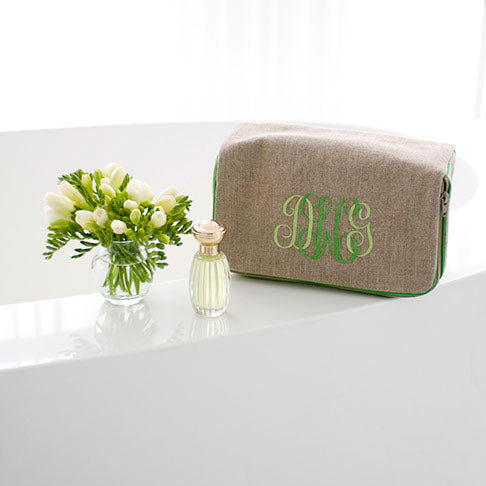 Beth Case, in linen or plastic-coated cotton, custom monogram, 10W by 6D by 4T 