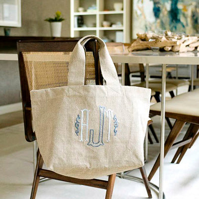 Ellis Hill Clinton Market Tote, textured linen or plastic coated cotton, with monogram, 20W by 13D by 7T