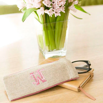 Ellis Hill Eyeglass case, in linen or plastic-coated cotton, with monogram, 6.75 in. long by 3 in. wide