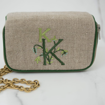 Ellis Hill Kris Case, in linen or plastic-coated cotton, with monogram, 11 in. by 9.5 in.
