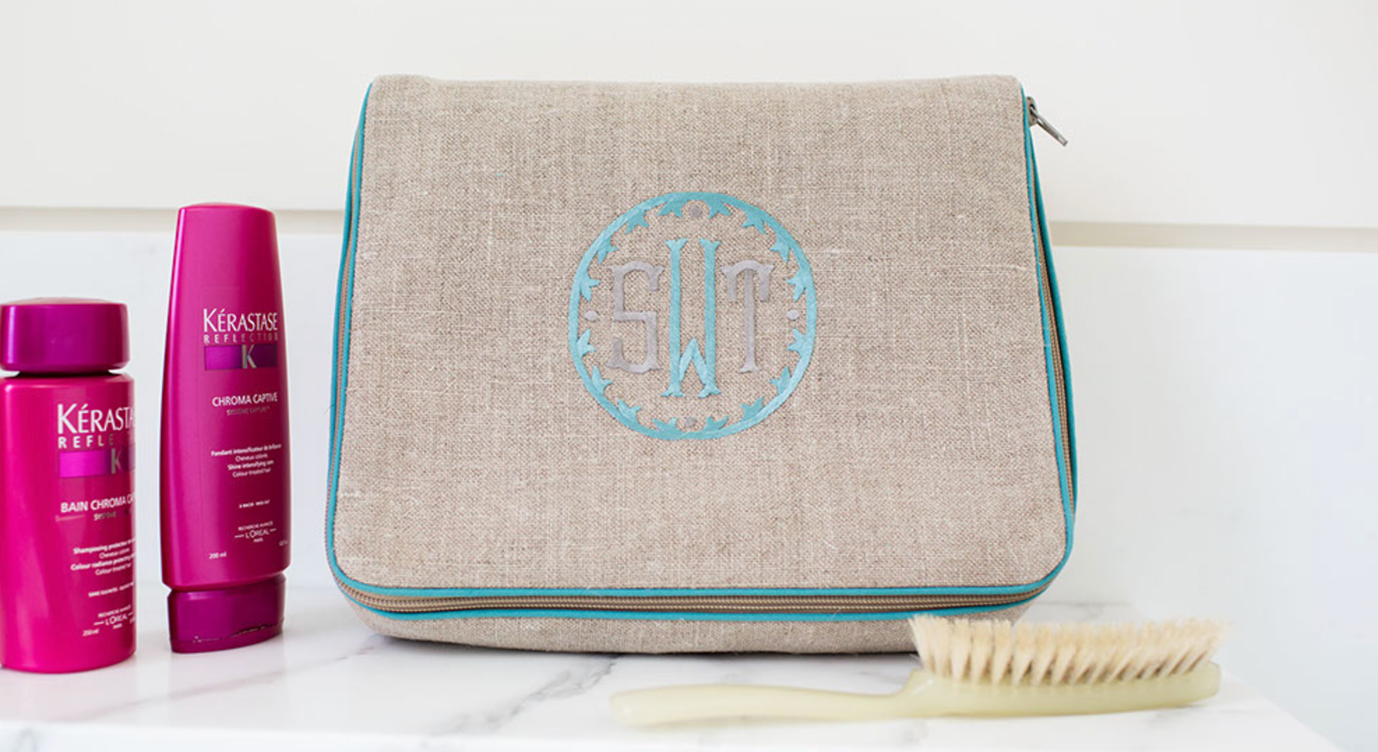 Kris Case, in linen or plastic-coated cotton, custom monogram, 11 in. by 9.5 in.