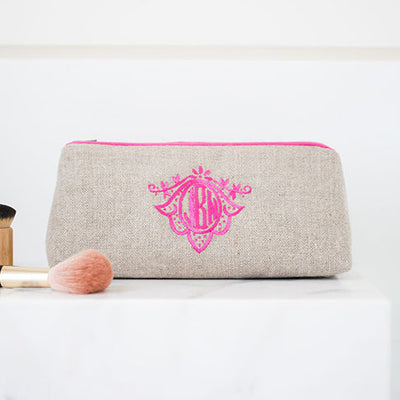 Ellis Hill large Pencil Case, in linen or plastic-coated cotton, with monogram, 9.5 in. by 4 in.