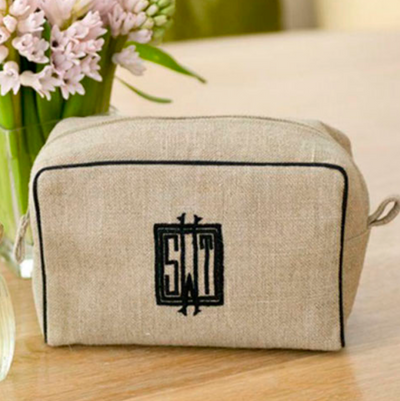 Ellis Hill Milan Small Case, in linen or plastic-coated cotton, with monogram, 6 in. by 4 in.