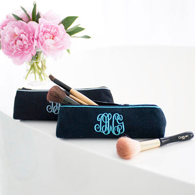 Ellis Hill small Pencil Case, in linen or plastic-coated cotton, with monogram, 8.5 in. by 2.5 in.