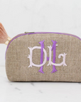Small Round Zip, in linen or plastic-coated cotton, custom monogram, 7 in. x 4 in.