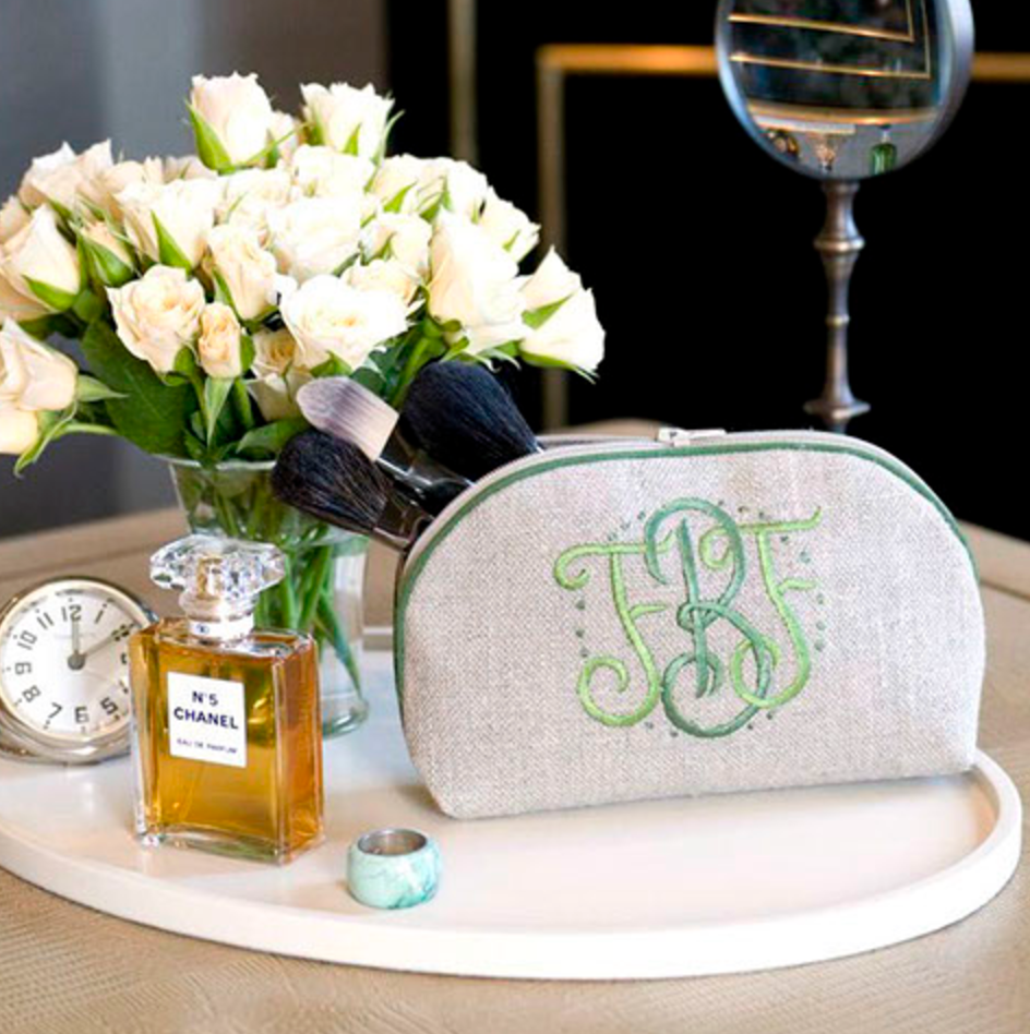 Small Round Zip, in linen or plastic-coated cotton, custom monogram, 7 in. x 4 in.