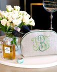 Small Round Zip, in linen or plastic-coated cotton, custom monogram, 7 in. x 4 in.