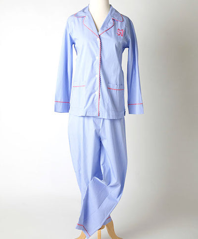 Ellis Hill women's poplin cotton pajama top and pants with scallop trim and monogram